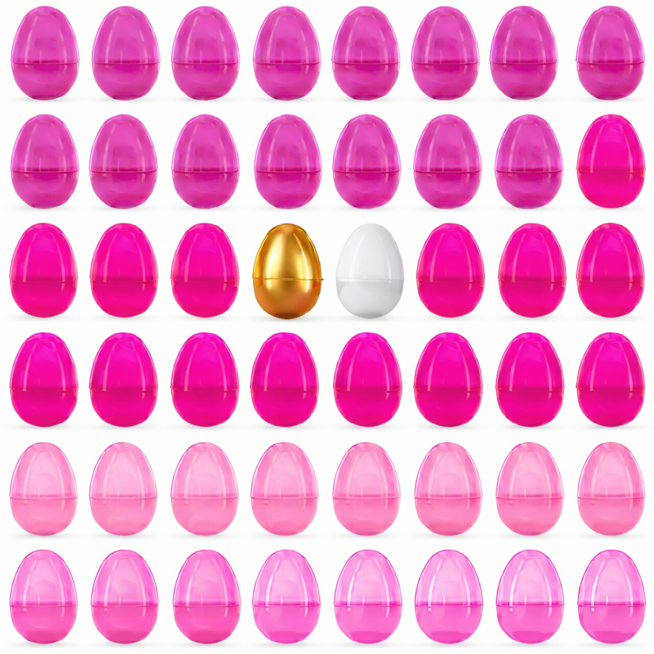 Set of 46 Pink Plastic Eggs, 1 White Egg, and 1 Gleaming Golden Easter Egg
